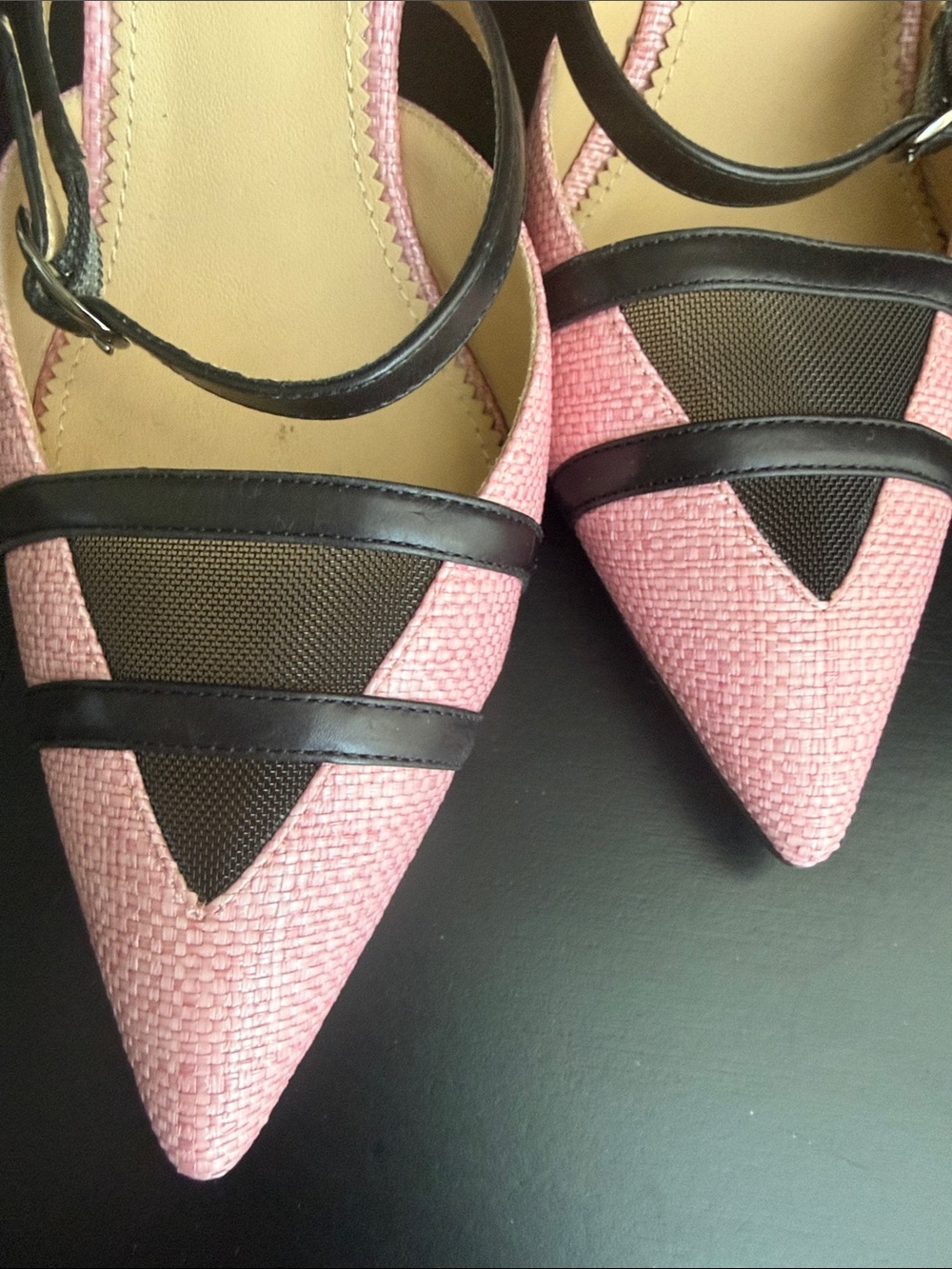 Pink Pointed Slingback Heels with Black Trim - Picture 5 of 6